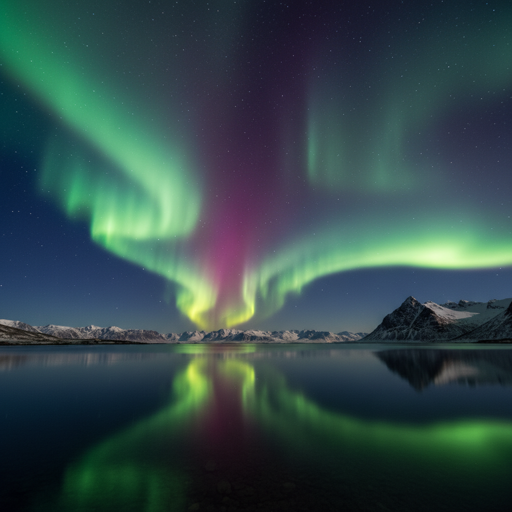 Arctic aurora borealis northern lights dancing in vivid green, magenta and violet hues reflected on a still glacial lake with snowy mountain peaks silhouetted on the horizon