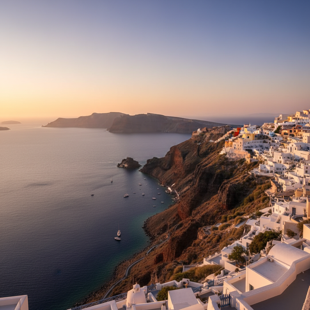 Wide-angle panoramic view of Santorini, Greece, showing white-washed buildings with blue domes cascading down volcanic cliffs above the Aegean Sea